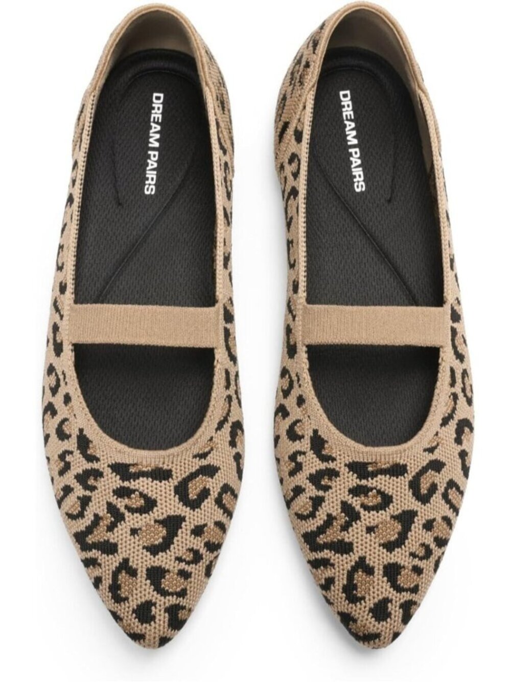 Women's Leopard Mary Jane Flats Pointed Toe Breathable Knit Slip On Flat Shoes